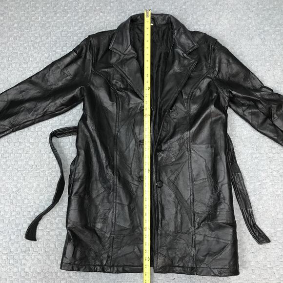 Leather Coat Mens Medium Black Belted Patchwork Trench Genuine Leather Overcoat - Picture 5 of 16